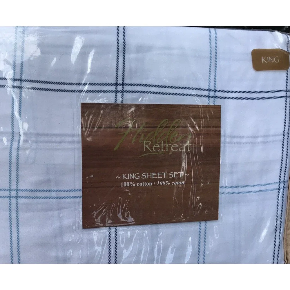New Hidden Retreat King Sheet Set 💯 Cotton White “Lake Window Plaid”